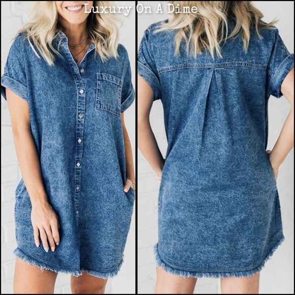 Distressed Denim Short Sleeve Button Front Pocket Jean Cotton Mini Shirt Dress - Picture 8 of 13